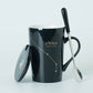 Ceramic Mugs 12 Constellations Creative Mugs with Spoon Lid Black and Gold Porcelain Zodiac Milk Coffee Cup Drinkware - Cookinero
