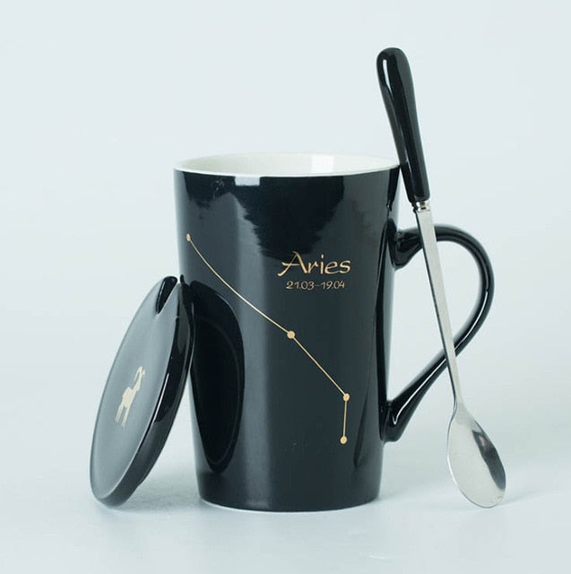Ceramic Mugs 12 Constellations Creative Mugs with Spoon Lid Black and Gold Porcelain Zodiac Milk Coffee Cup Drinkware - Cookinero