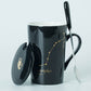 Ceramic Mugs 12 Constellations Creative Mugs with Spoon Lid Black and Gold Porcelain Zodiac Milk Coffee Cup Drinkware - Cookinero
