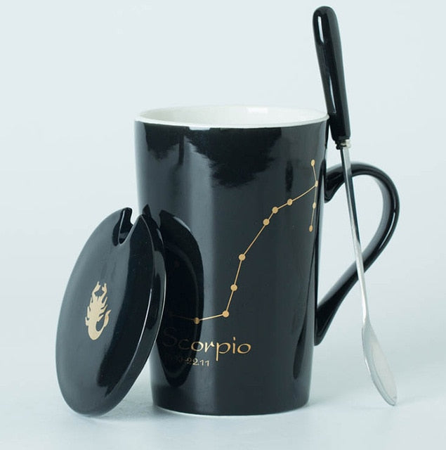 Ceramic Mugs 12 Constellations Creative Mugs with Spoon Lid Black and Gold Porcelain Zodiac Milk Coffee Cup Drinkware - Cookinero