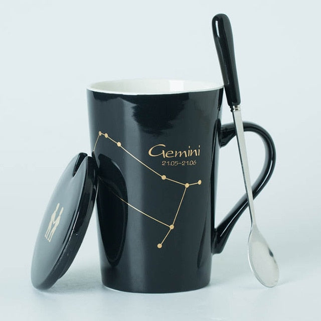 Ceramic Mugs 12 Constellations Creative Mugs with Spoon Lid Black and Gold Porcelain Zodiac Milk Coffee Cup Drinkware - Cookinero