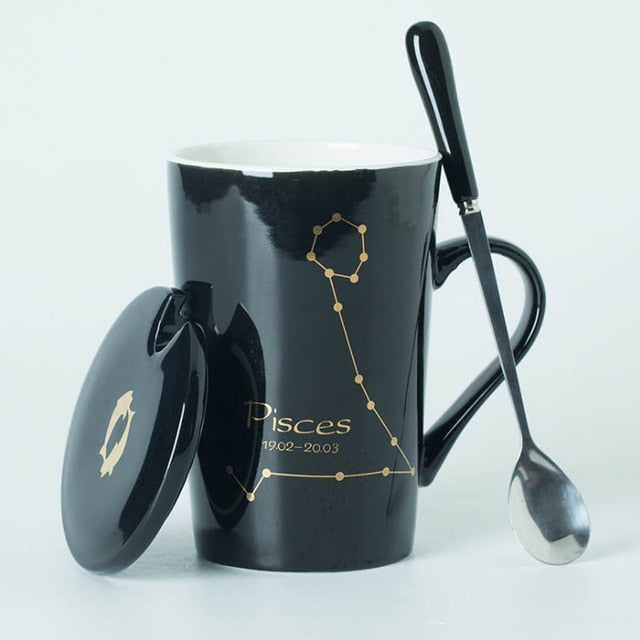 Ceramic Mugs 12 Constellations Creative Mugs with Spoon Lid Black and Gold Porcelain Zodiac Milk Coffee Cup Drinkware - Cookinero