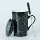 Ceramic Mugs 12 Constellations Creative Mugs with Spoon Lid Black and Gold Porcelain Zodiac Milk Coffee Cup Drinkware - Cookinero