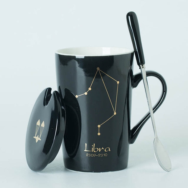 Ceramic Mugs 12 Constellations Creative Mugs with Spoon Lid Black and Gold Porcelain Zodiac Milk Coffee Cup Drinkware - Cookinero