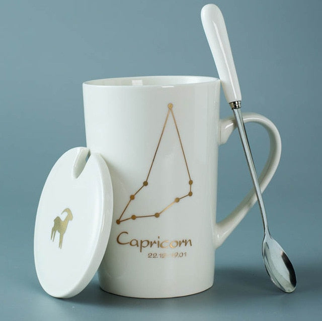 Ceramic Mugs 12 Constellations Creative Mugs with Spoon Lid Black and Gold Porcelain Zodiac Milk Coffee Cup Drinkware - Cookinero