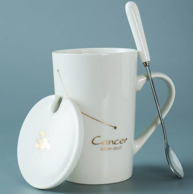 Ceramic Mugs 12 Constellations Creative Mugs with Spoon Lid Black and Gold Porcelain Zodiac Milk Coffee Cup Drinkware - Cookinero