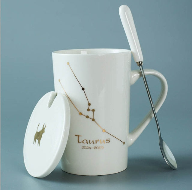 Ceramic Mugs 12 Constellations Creative Mugs with Spoon Lid Black and Gold Porcelain Zodiac Milk Coffee Cup Drinkware - Cookinero
