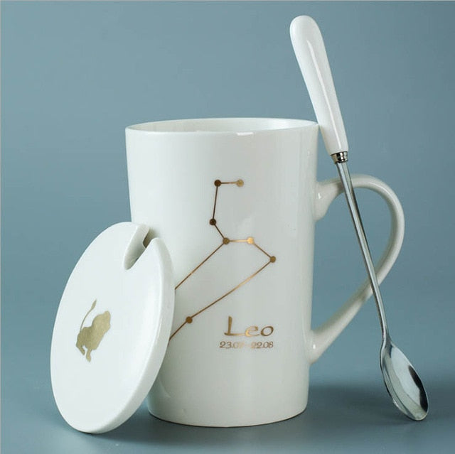Ceramic Mugs 12 Constellations Creative Mugs with Spoon Lid Black and Gold Porcelain Zodiac Milk Coffee Cup Drinkware - Cookinero