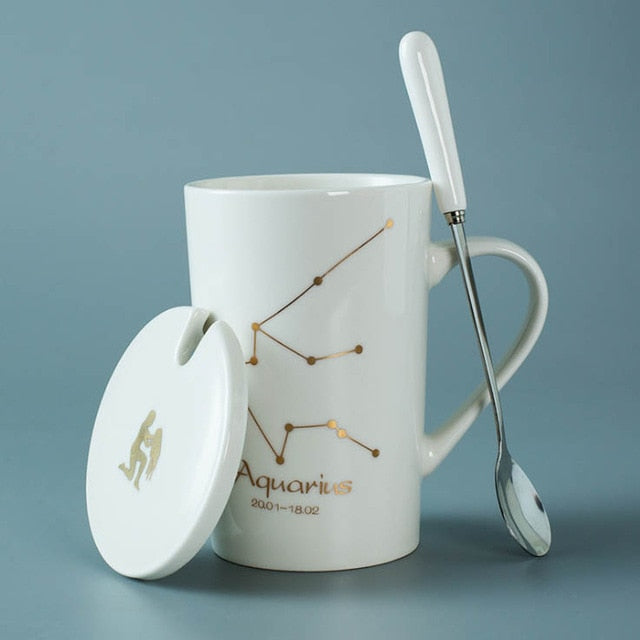 Ceramic Mugs 12 Constellations Creative Mugs with Spoon Lid Black and Gold Porcelain Zodiac Milk Coffee Cup Drinkware - Cookinero