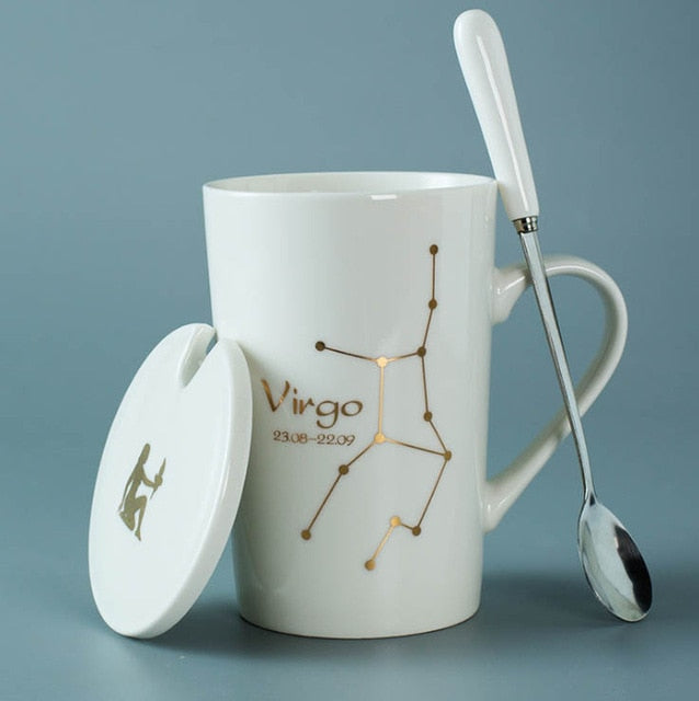 Ceramic Mugs 12 Constellations Creative Mugs with Spoon Lid Black and Gold Porcelain Zodiac Milk Coffee Cup Drinkware - Cookinero
