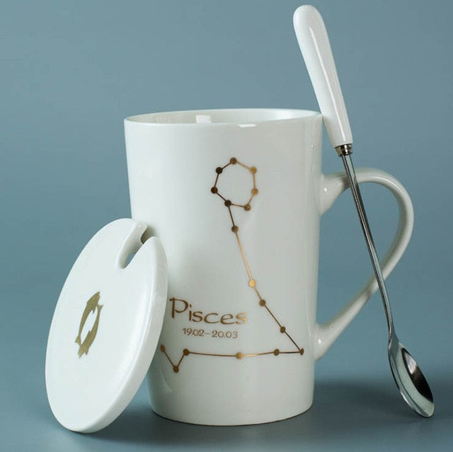 Ceramic Mugs 12 Constellations Creative Mugs with Spoon Lid Black and Gold Porcelain Zodiac Milk Coffee Cup Drinkware - Cookinero