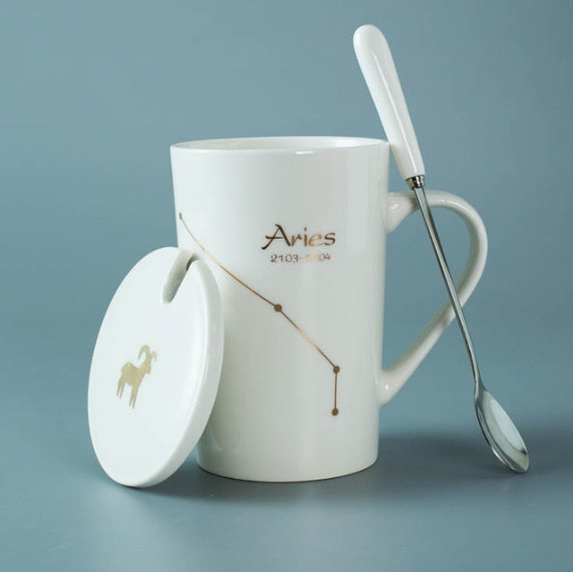 Ceramic Mugs 12 Constellations Creative Mugs with Spoon Lid Black and Gold Porcelain Zodiac Milk Coffee Cup Drinkware - Cookinero