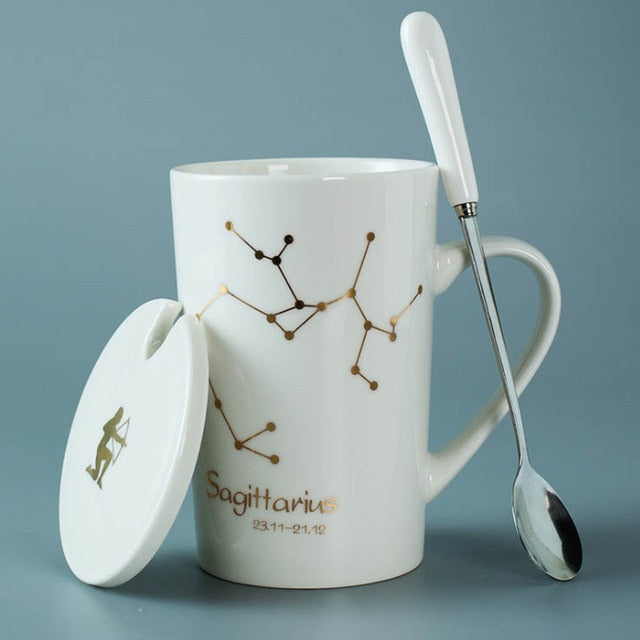 Ceramic Mugs 12 Constellations Creative Mugs with Spoon Lid Black and Gold Porcelain Zodiac Milk Coffee Cup Drinkware - Cookinero
