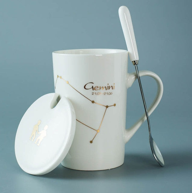 Ceramic Mugs 12 Constellations Creative Mugs with Spoon Lid Black and Gold Porcelain Zodiac Milk Coffee Cup Drinkware - Cookinero