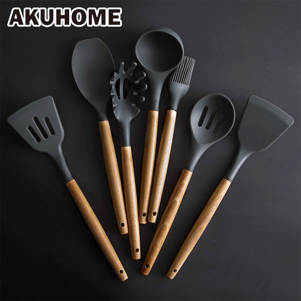 Silicone Kitchen Tools Set Cooking Tools Utensils Set Spatula Shovel Soup Spoon with Wooden Handle Special Heat-resistant Design - Cookinero