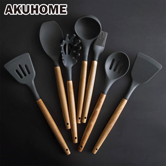 Silicone Kitchen Tools Set Cooking Tools Utensils Set Spatula Shovel Soup Spoon with Wooden Handle Special Heat-resistant Design - Cookinero