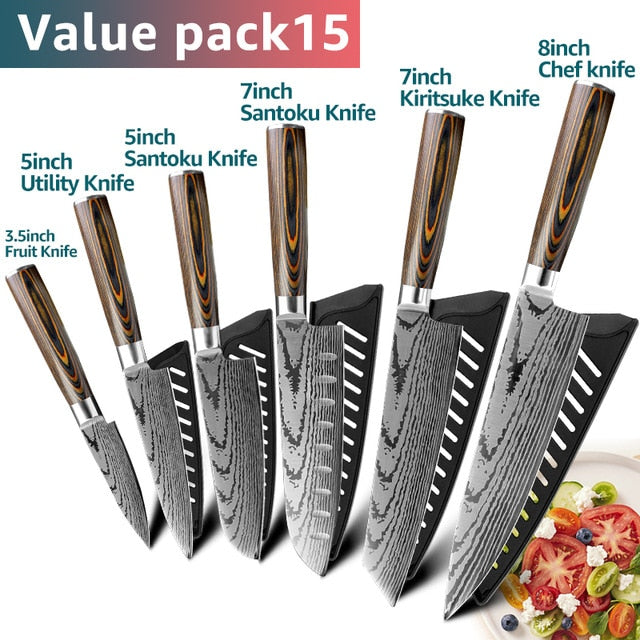 Kitchen knife Chef Knives Japanese 7CR17 440C High Carbon Stainless Steel Imitation Damascus Sanding Laser Knife - Cookinero