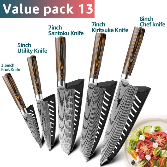 Kitchen knife Chef Knives Japanese 7CR17 440C High Carbon Stainless Steel Imitation Damascus Sanding Laser Knife - Cookinero
