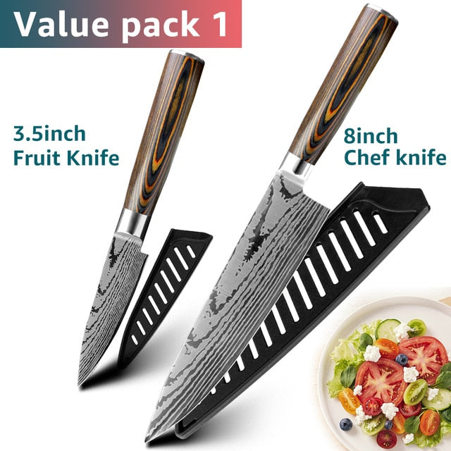 Kitchen knife Chef Knives Japanese 7CR17 440C High Carbon Stainless Steel Imitation Damascus Sanding Laser Knife - Cookinero