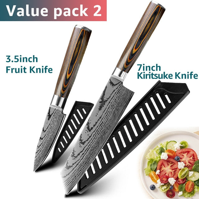 Kitchen knife Chef Knives Japanese 7CR17 440C High Carbon Stainless Steel Imitation Damascus Sanding Laser Knife - Cookinero