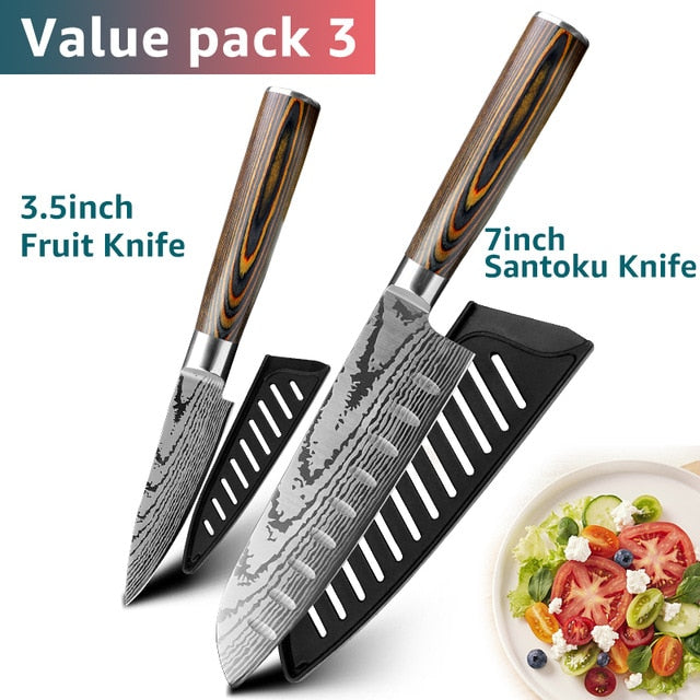 Kitchen knife Chef Knives Japanese 7CR17 440C High Carbon Stainless Steel Imitation Damascus Sanding Laser Knife - Cookinero