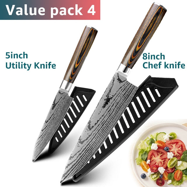 Kitchen knife Chef Knives Japanese 7CR17 440C High Carbon Stainless Steel Imitation Damascus Sanding Laser Knife - Cookinero
