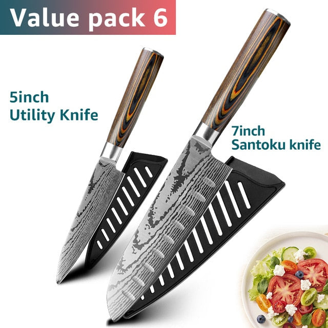 Kitchen knife Chef Knives Japanese 7CR17 440C High Carbon Stainless Steel Imitation Damascus Sanding Laser Knife - Cookinero