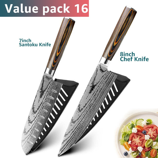 Kitchen knife Chef Knives Japanese 7CR17 440C High Carbon Stainless Steel Imitation Damascus Sanding Laser Knife - Cookinero