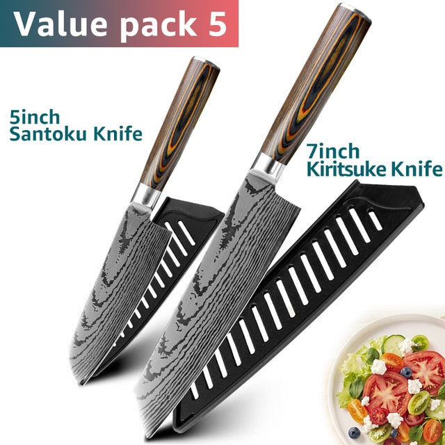 Kitchen knife Chef Knives Japanese 7CR17 440C High Carbon Stainless Steel Imitation Damascus Sanding Laser Knife - Cookinero