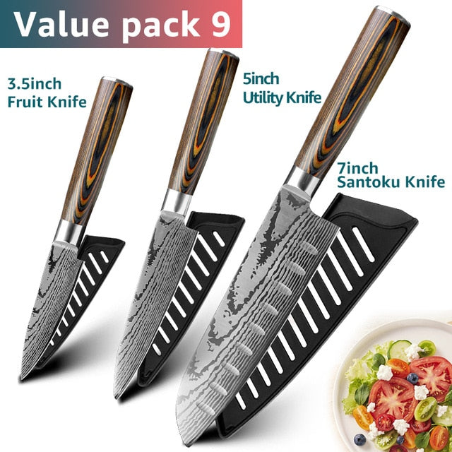 Kitchen knife Chef Knives Japanese 7CR17 440C High Carbon Stainless Steel Imitation Damascus Sanding Laser Knife - Cookinero