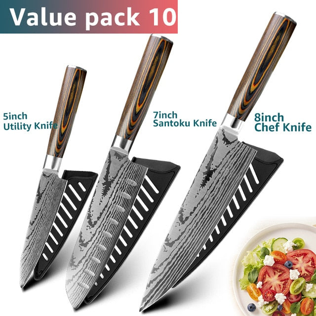 Kitchen knife Chef Knives Japanese 7CR17 440C High Carbon Stainless Steel Imitation Damascus Sanding Laser Knife - Cookinero
