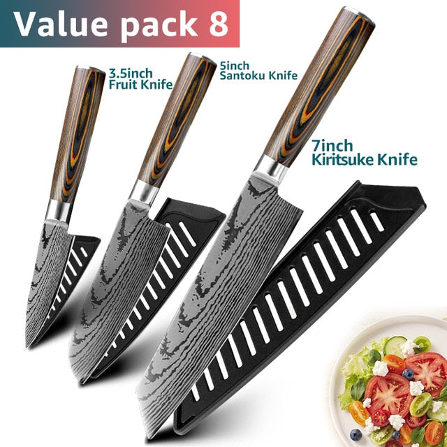 Kitchen knife Chef Knives Japanese 7CR17 440C High Carbon Stainless Steel Imitation Damascus Sanding Laser Knife - Cookinero