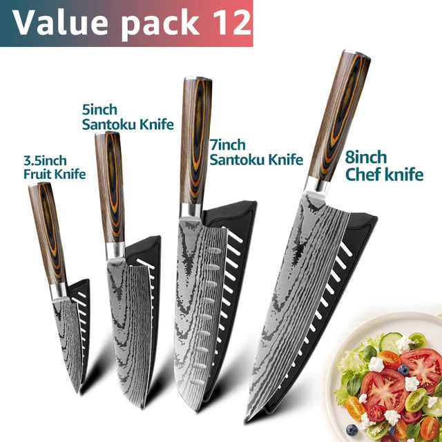 Kitchen knife Chef Knives Japanese 7CR17 440C High Carbon Stainless Steel Imitation Damascus Sanding Laser Knife - Cookinero