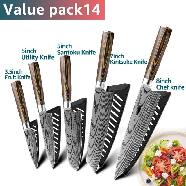 Kitchen knife Chef Knives Japanese 7CR17 440C High Carbon Stainless Steel Imitation Damascus Sanding Laser Knife - Cookinero