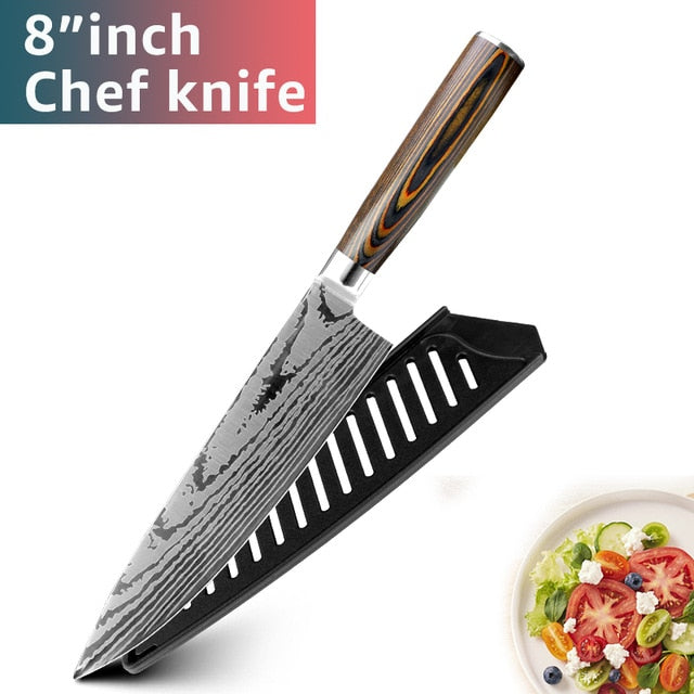 Kitchen knife Chef Knives Japanese 7CR17 440C High Carbon Stainless Steel Imitation Damascus Sanding Laser Knife - Cookinero