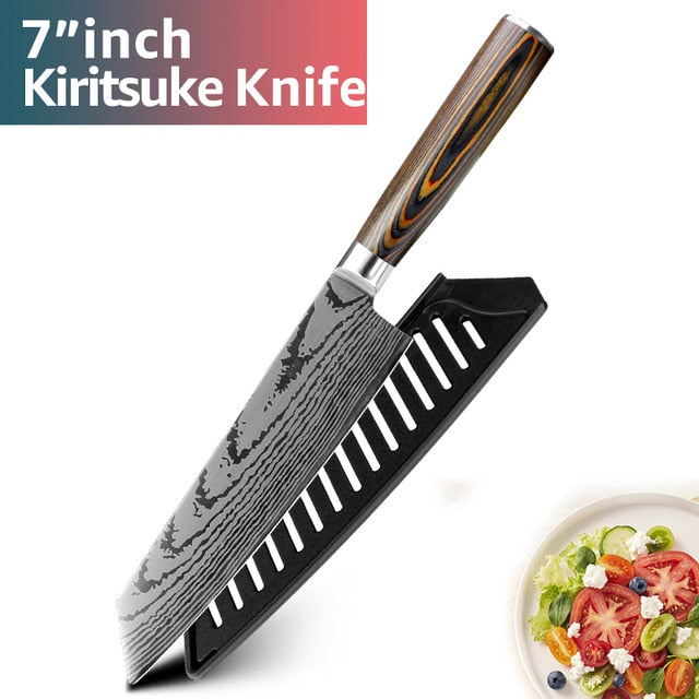 Kitchen knife Chef Knives Japanese 7CR17 440C High Carbon Stainless Steel Imitation Damascus Sanding Laser Knife - Cookinero