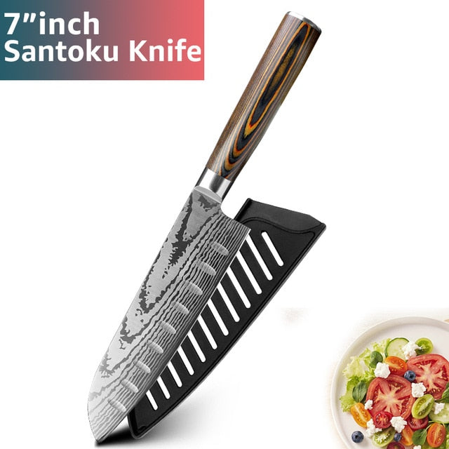 Kitchen knife Chef Knives Japanese 7CR17 440C High Carbon Stainless Steel Imitation Damascus Sanding Laser Knife - Cookinero