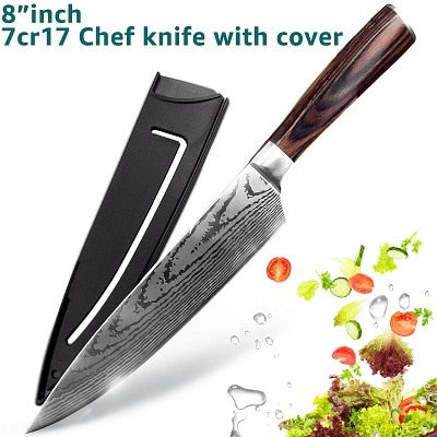 Kitchen knife Chef Knives Japanese 7CR17 440C High Carbon Stainless Steel Imitation Damascus Sanding Laser Knife - Cookinero
