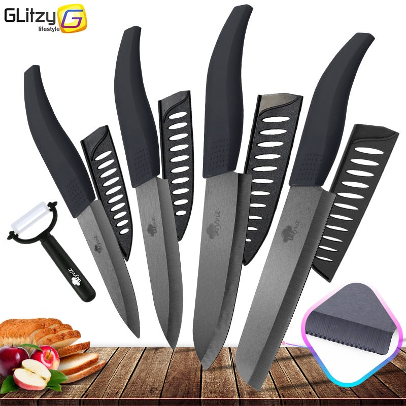 Ceramic Knife 3 4 5 inch + 6 inch Kitchen Knives Serrated Bread Set +Peeler Zirconia Black Blade Fruit Chef Knife Vege Cook Tool - Cookinero