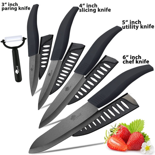 Ceramic Knife 3 4 5 inch + 6 inch Kitchen Knives Serrated Bread Set +Peeler Zirconia Black Blade Fruit Chef Knife Vege Cook Tool - Cookinero