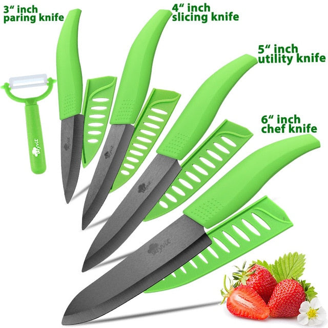 Ceramic Knife 3 4 5 inch + 6 inch Kitchen Knives Serrated Bread Set +Peeler Zirconia Black Blade Fruit Chef Knife Vege Cook Tool - Cookinero