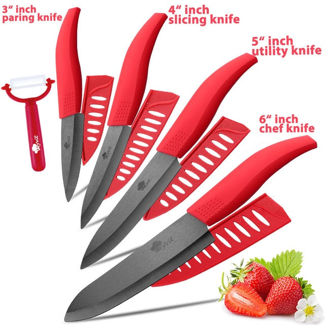 Ceramic Knife 3 4 5 inch + 6 inch Kitchen Knives Serrated Bread Set +Peeler Zirconia Black Blade Fruit Chef Knife Vege Cook Tool - Cookinero
