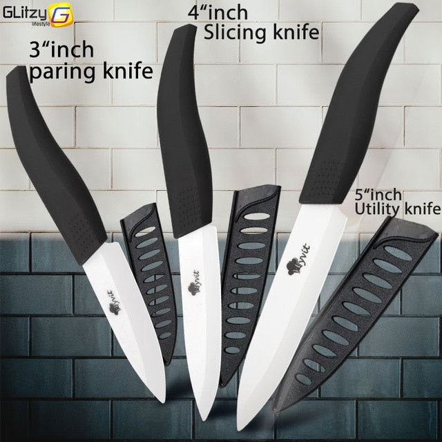 Ceramic Knife 3 4 5 inch + 6 inch Kitchen Knives Serrated Bread Set +Peeler Zirconia Black Blade Fruit Chef Knife Vege Cook Tool - Cookinero