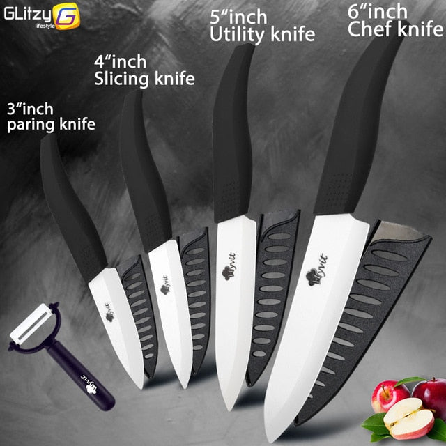 Ceramic Knife 3 4 5 inch + 6 inch Kitchen Knives Serrated Bread Set +Peeler Zirconia Black Blade Fruit Chef Knife Vege Cook Tool - Cookinero