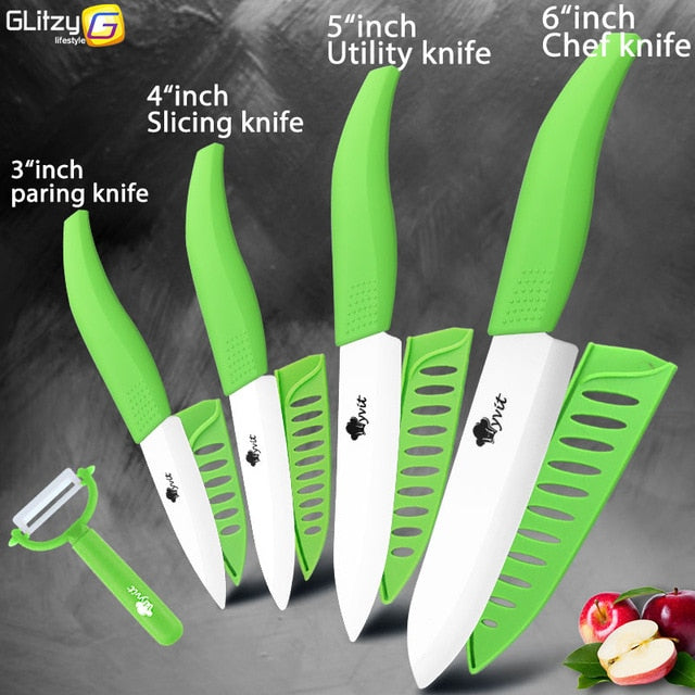 Ceramic Knife 3 4 5 inch + 6 inch Kitchen Knives Serrated Bread Set +Peeler Zirconia Black Blade Fruit Chef Knife Vege Cook Tool - Cookinero