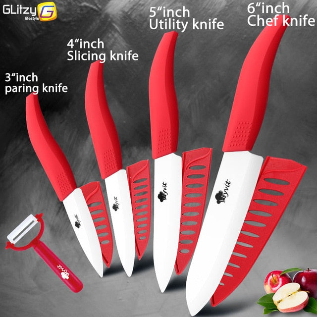 Ceramic Knife 3 4 5 inch + 6 inch Kitchen Knives Serrated Bread Set +Peeler Zirconia Black Blade Fruit Chef Knife Vege Cook Tool - Cookinero