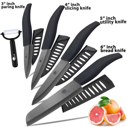 Ceramic Knife 3 4 5 inch + 6 inch Kitchen Knives Serrated Bread Set +Peeler Zirconia Black Blade Fruit Chef Knife Vege Cook Tool - Cookinero