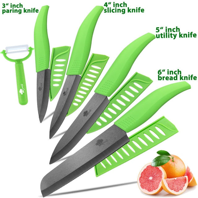 Ceramic Knife 3 4 5 inch + 6 inch Kitchen Knives Serrated Bread Set +Peeler Zirconia Black Blade Fruit Chef Knife Vege Cook Tool - Cookinero