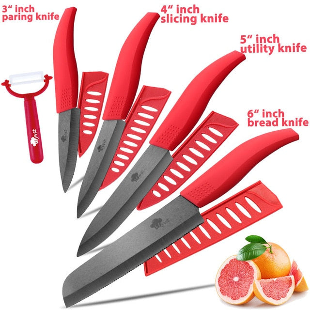 Ceramic Knife 3 4 5 inch + 6 inch Kitchen Knives Serrated Bread Set +Peeler Zirconia Black Blade Fruit Chef Knife Vege Cook Tool - Cookinero