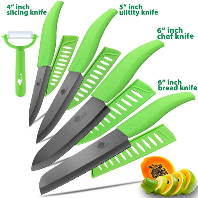 Ceramic Knife 3 4 5 inch + 6 inch Kitchen Knives Serrated Bread Set +Peeler Zirconia Black Blade Fruit Chef Knife Vege Cook Tool - Cookinero
